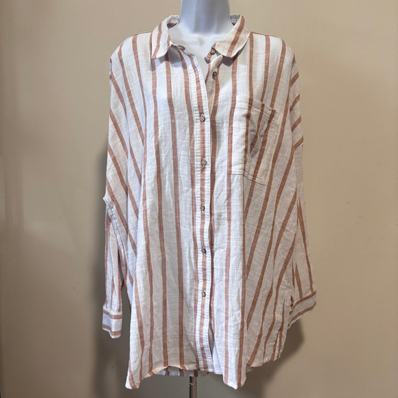 Cotton On Women's Large Brown White Striped Swing Beach Cover Up Shirt NWT - Picture 5 of 7